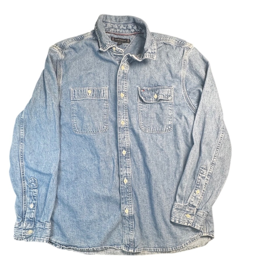 Tommy Hilfiger Men's Large Denim Chambray Shirt Blue Button Front Long Sleeve